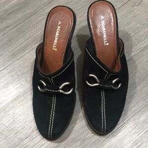 A. Marinelli Black Suede Horse Bit‎ Wood Heel Clogs      size 7.5